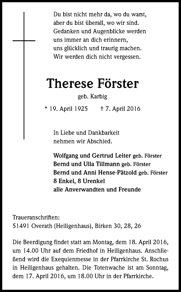  Traueranzeige für Therese Förster vom 12.04.2016 aus Kölner Stadt-Anzeiger / Kölnische Rundschau / Express