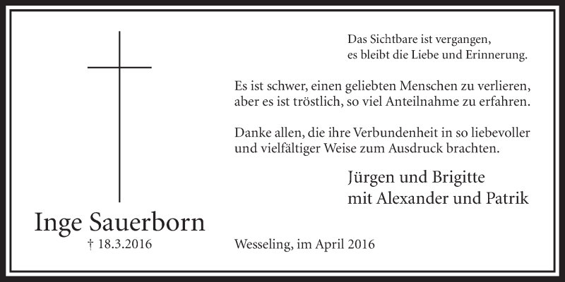  Traueranzeige für Inge Sauerborn vom 13.04.2016 aus  Schlossbote/Werbekurier 