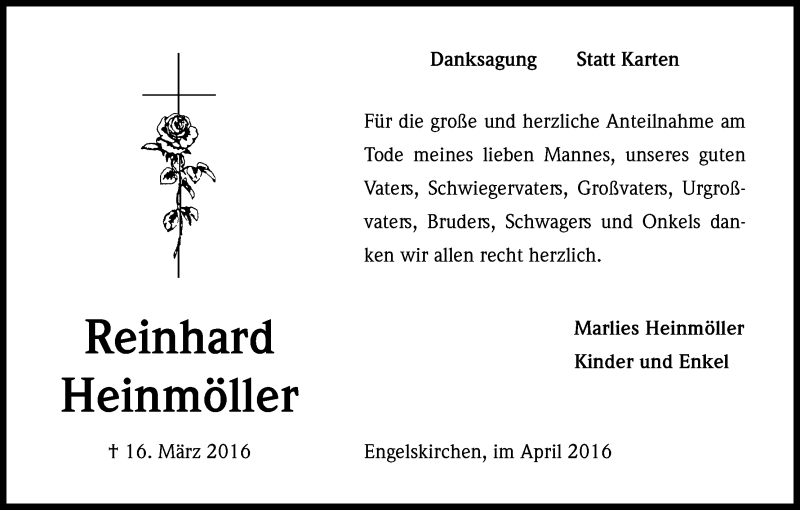  Traueranzeige für Reinhard Heinmöller vom 16.04.2016 aus Kölner Stadt-Anzeiger / Kölnische Rundschau / Express