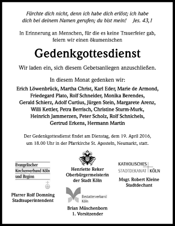 Anzeige von Gedenkgottesdienst  von Kölner Stadt-Anzeiger / Kölnische Rundschau / Express