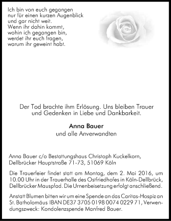 Anzeige von Manfred Bauer von Kölner Stadt-Anzeiger / Kölnische Rundschau / Express