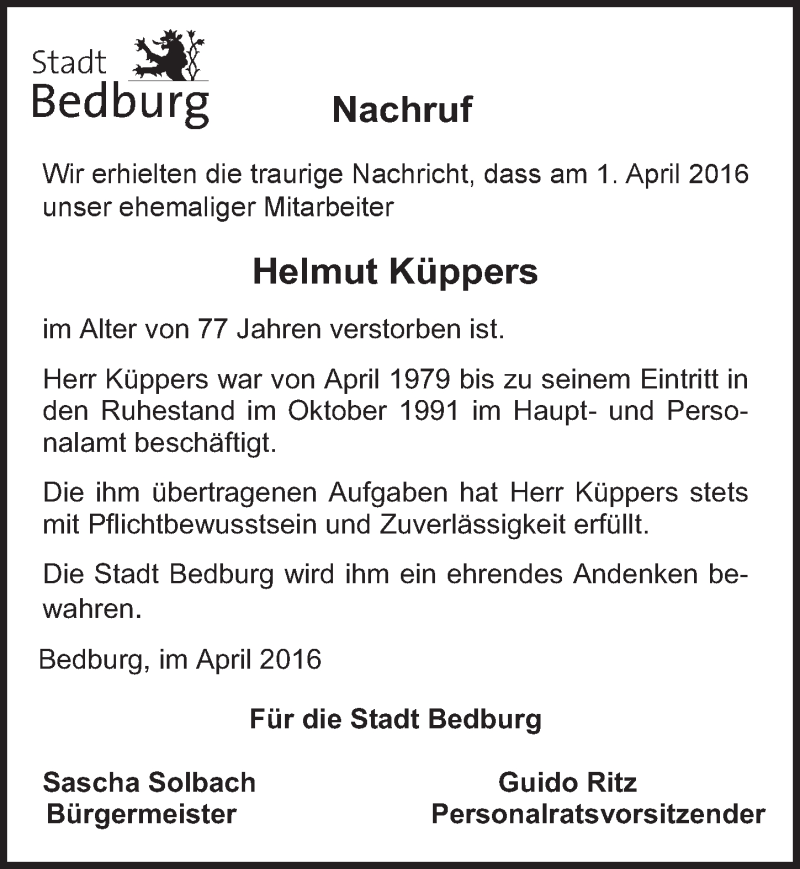  Traueranzeige für Helmut Küppers vom 13.04.2016 aus  Werbepost 