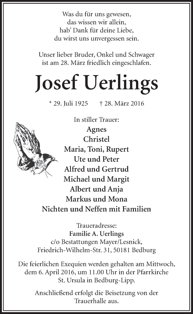  Traueranzeige für Josef Uerlings vom 02.04.2016 aus  Sonntags-Post 