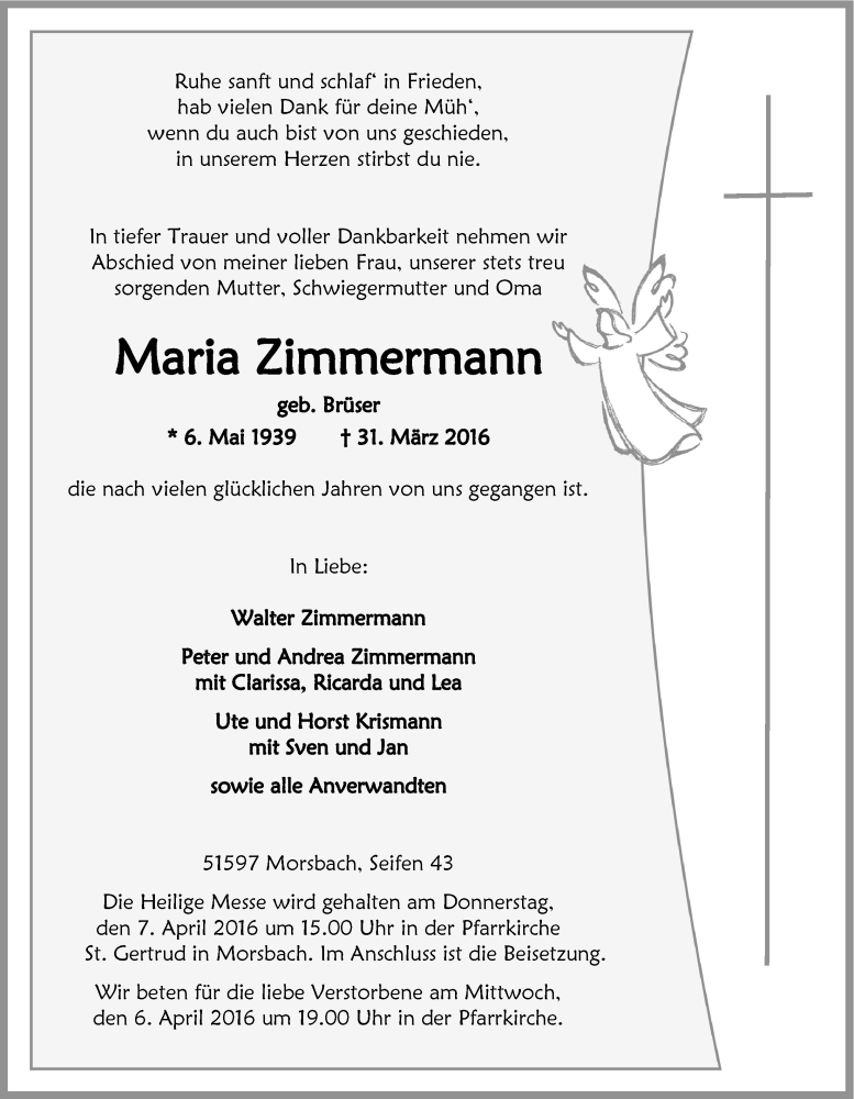  Traueranzeige für Maria Zimmermann vom 06.04.2016 aus  Lokalanzeiger 