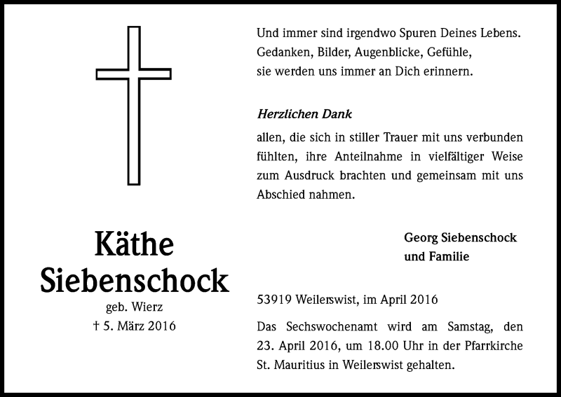  Traueranzeige für Käthe Siebenschock vom 16.04.2016 aus Kölner Stadt-Anzeiger / Kölnische Rundschau / Express