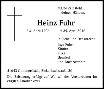 Anzeige von Heinz Fuhr von Kölner Stadt-Anzeiger / Kölnische Rundschau / Express