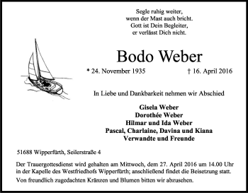 Anzeige von Bodo Weber von Kölner Stadt-Anzeiger / Kölnische Rundschau / Express