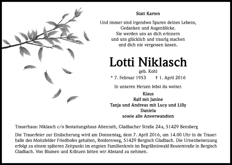  Traueranzeige für Lotti Niklasch vom 04.04.2016 aus Kölner Stadt-Anzeiger / Kölnische Rundschau / Express
