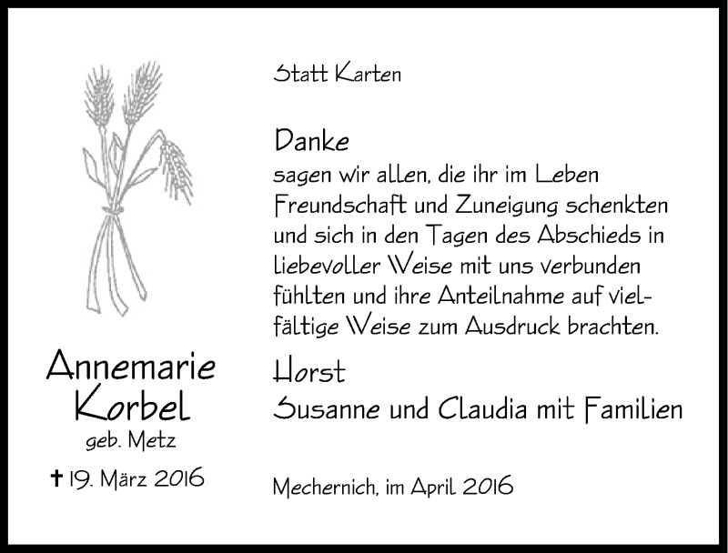  Traueranzeige für Annemarie Korbel vom 30.04.2016 aus  Blickpunkt Euskirchen 