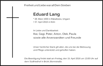 Anzeige von Eduard Lang von Kölner Stadt-Anzeiger / Kölnische Rundschau / Express