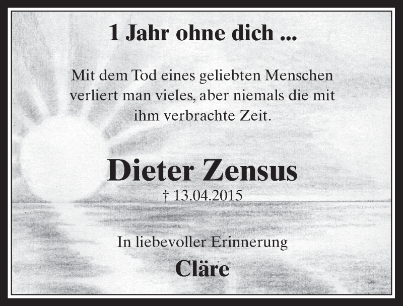  Traueranzeige für Dieter Zensus vom 13.04.2016 aus  Werbepost 