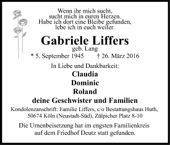 Anzeige von Gabriele Liffers von Kölner Stadt-Anzeiger / Kölnische Rundschau / Express
