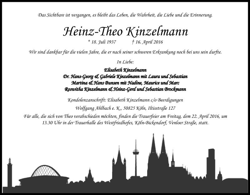  Traueranzeige für Heinz-Theo Kinzelmann vom 20.04.2016 aus Kölner Stadt-Anzeiger / Kölnische Rundschau / Express