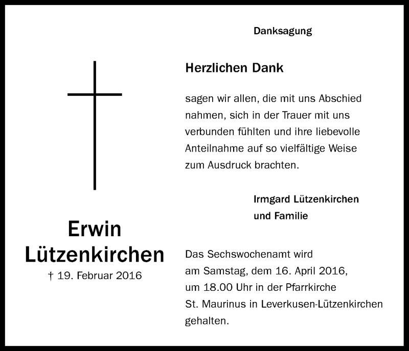  Traueranzeige für Erwin Lützenkirchen vom 09.04.2016 aus Kölner Stadt-Anzeiger / Kölnische Rundschau / Express