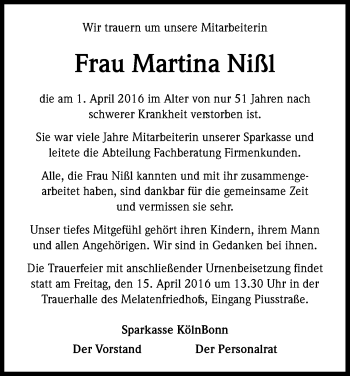 Anzeige von Martina Nißl von Kölner Stadt-Anzeiger / Kölnische Rundschau / Express