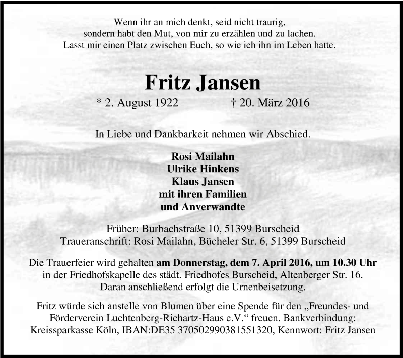  Traueranzeige für Fritz Jansen vom 02.04.2016 aus Kölner Stadt-Anzeiger / Kölnische Rundschau / Express