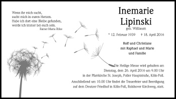 Anzeige von Inemarie Lipinski von Kölner Stadt-Anzeiger / Kölnische Rundschau / Express