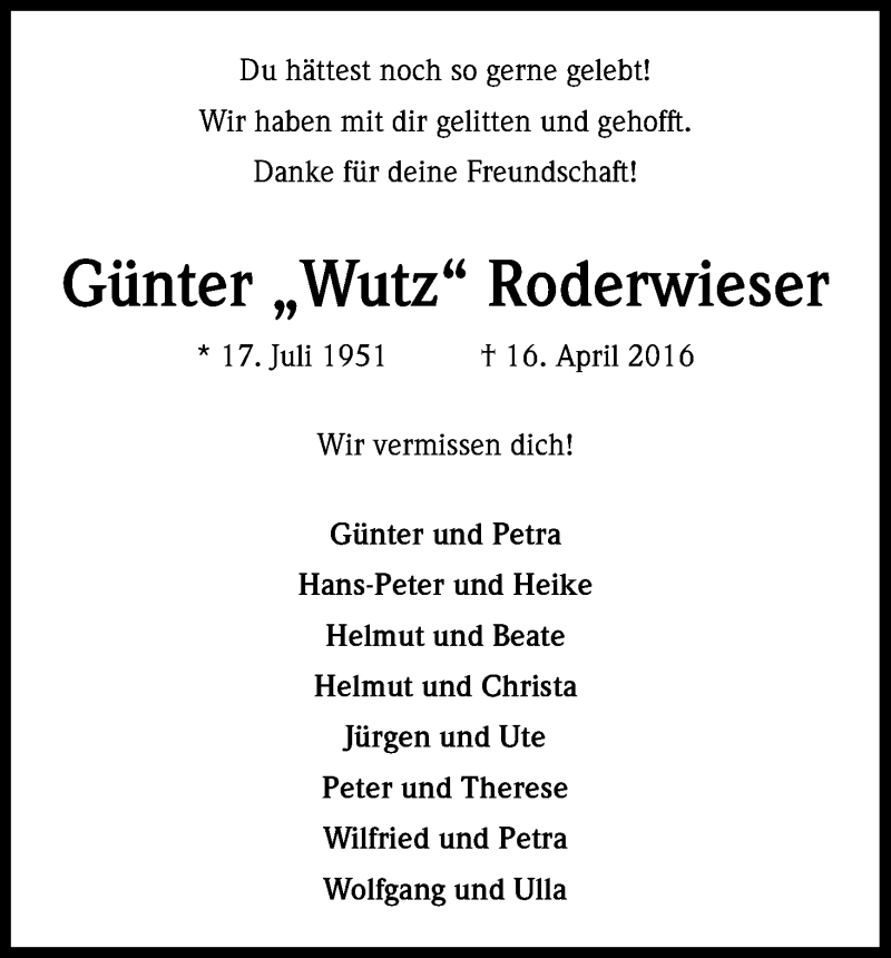  Traueranzeige für Günter Roderwieser vom 20.04.2016 aus Kölner Stadt-Anzeiger / Kölnische Rundschau / Express