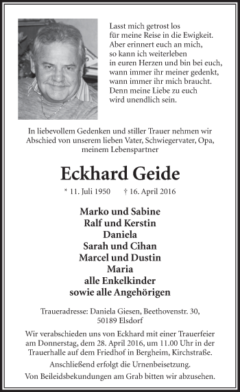 Anzeige von Eckhard Geide von  Sonntags-Post 
