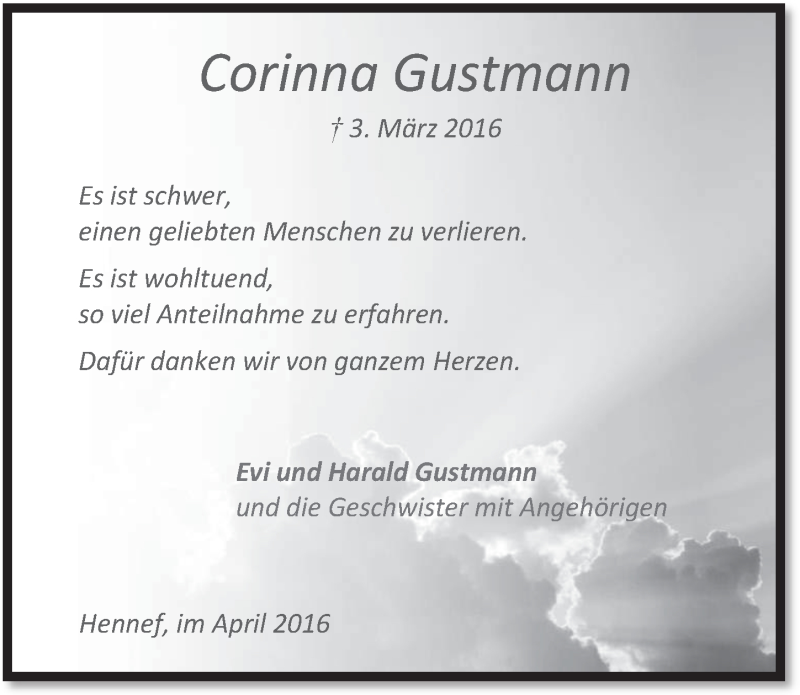  Traueranzeige für Corinna Gustmann vom 06.04.2016 aus  Extra Blatt 