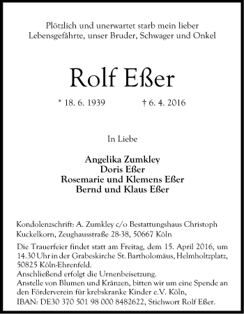 Anzeige von Rolf Eßer von Kölner Stadt-Anzeiger / Kölnische Rundschau / Express