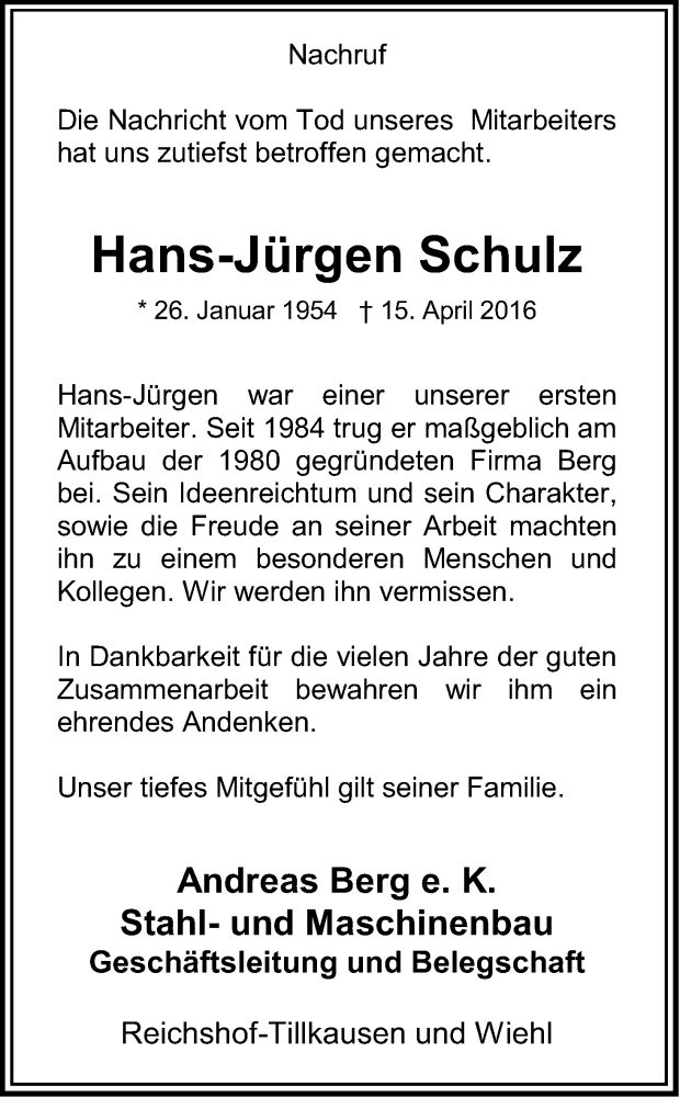  Traueranzeige für Hans-Jürgen Schulz vom 23.04.2016 aus Kölner Stadt-Anzeiger / Kölnische Rundschau / Express