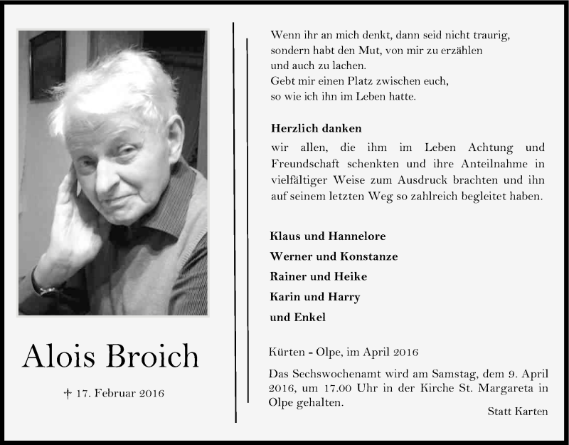  Traueranzeige für Alois Broich vom 02.04.2016 aus Kölner Stadt-Anzeiger / Kölnische Rundschau / Express