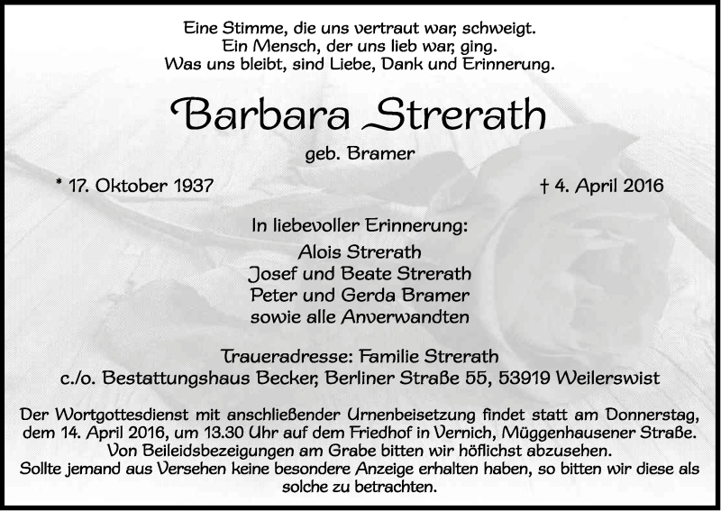 Traueranzeige für Barbara Strerath vom 09.04.2016 aus Kölner Stadt-Anzeiger / Kölnische Rundschau / Express