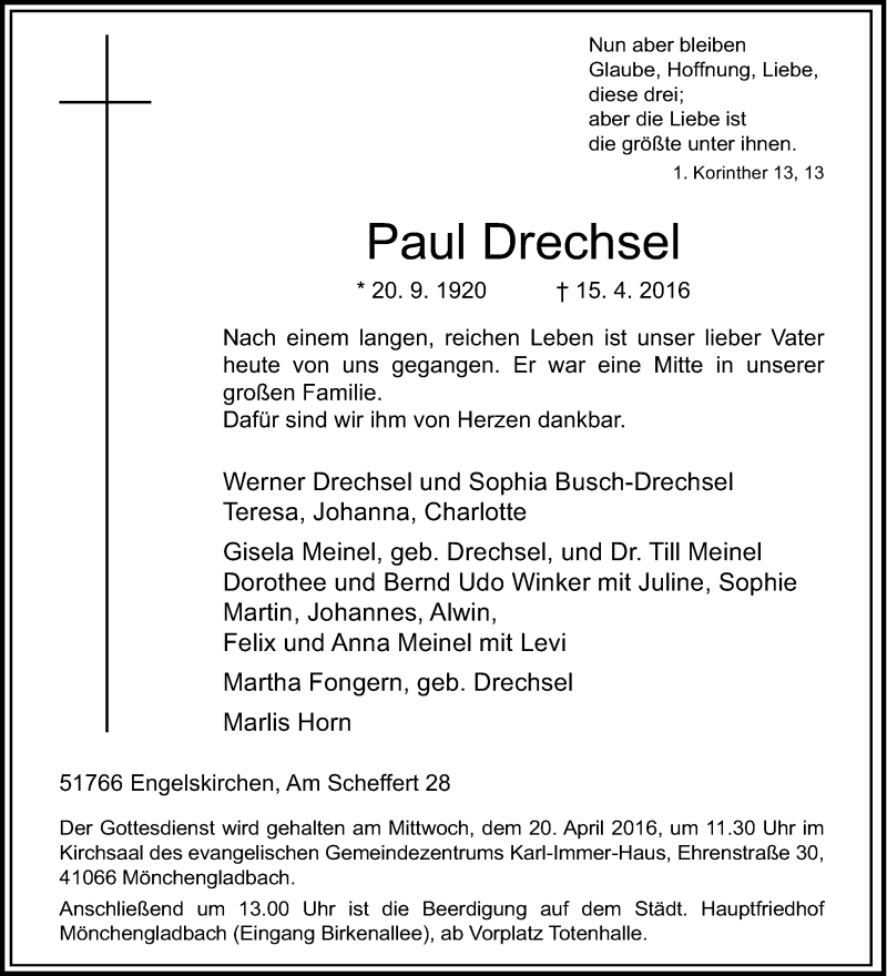  Traueranzeige für Paul Drechsel vom 18.04.2016 aus Kölner Stadt-Anzeiger / Kölnische Rundschau / Express
