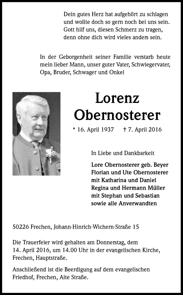  Traueranzeige für Lorenz Obernosterer vom 09.04.2016 aus Kölner Stadt-Anzeiger / Kölnische Rundschau / Express