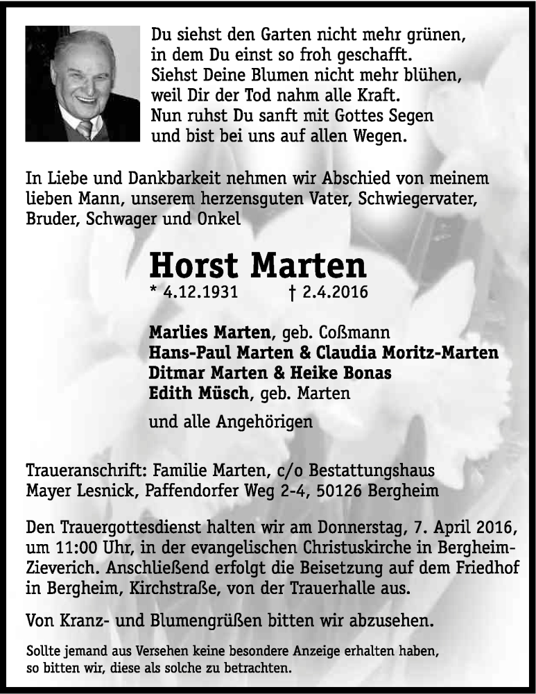  Traueranzeige für Horst Marten vom 05.04.2016 aus Kölner Stadt-Anzeiger / Kölnische Rundschau / Express
