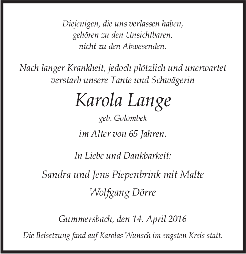  Traueranzeige für Karola Lange vom 27.04.2016 aus  Anzeigen Echo 