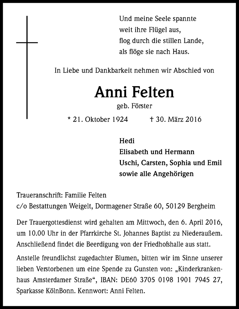  Traueranzeige für Anni Felten vom 04.04.2016 aus Kölner Stadt-Anzeiger / Kölnische Rundschau / Express