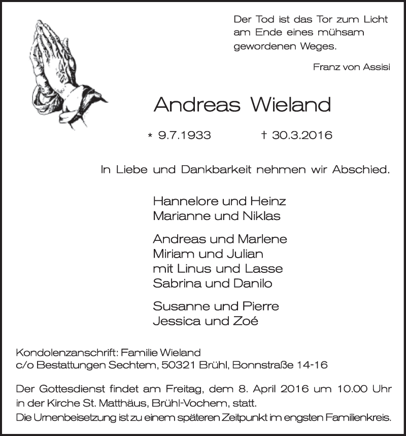  Traueranzeige für Andreas Wieland vom 06.04.2016 aus  Schlossbote/Werbekurier 