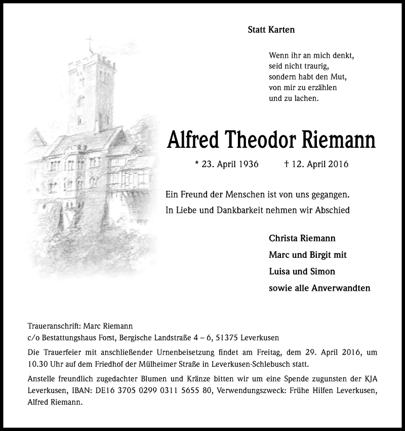  Traueranzeige für Alfred Theodor Riemann vom 23.04.2016 aus Kölner Stadt-Anzeiger / Kölnische Rundschau / Express
