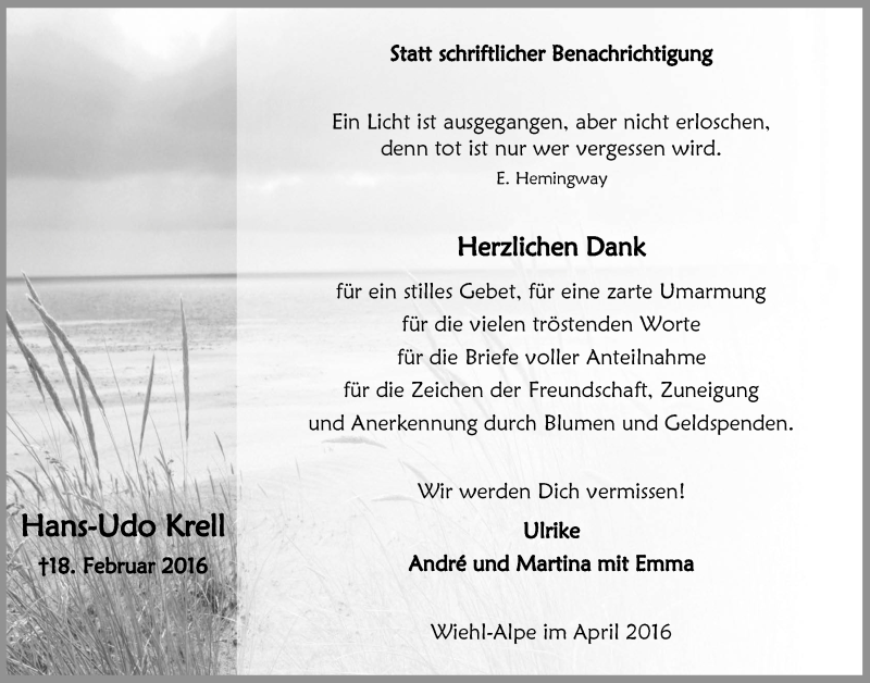  Traueranzeige für Hans-Udo Krell vom 06.04.2016 aus  Anzeigen Echo 