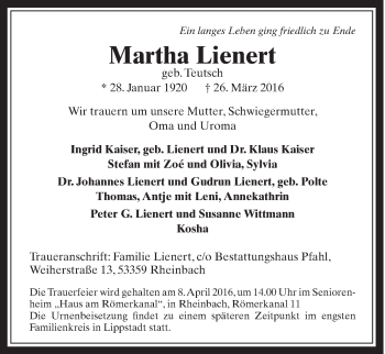 Anzeige von Martha Lienert von  Schaufenster/Blickpunkt 