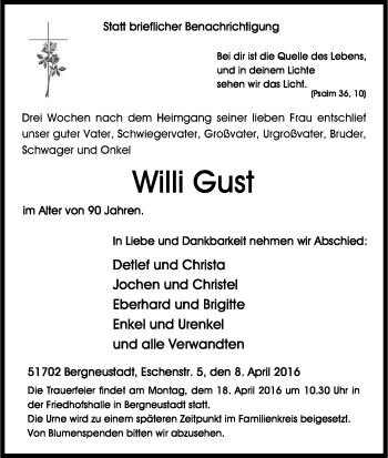 Anzeige von Willi Gust von Kölner Stadt-Anzeiger / Kölnische Rundschau / Express