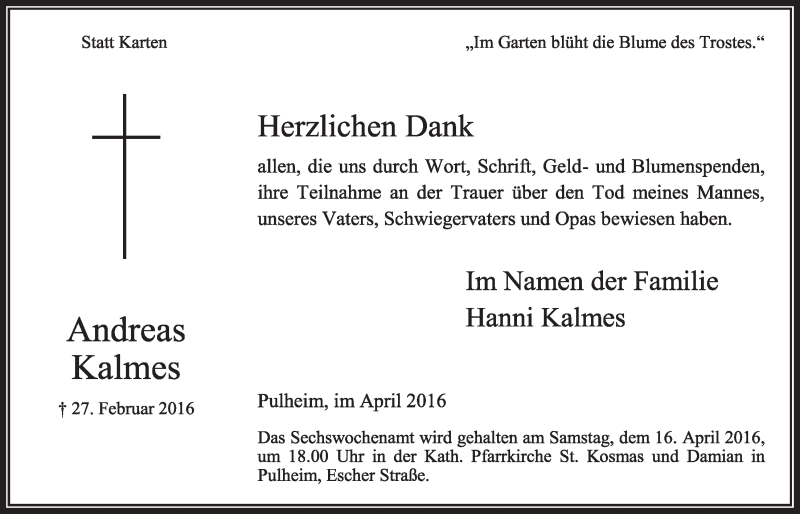  Traueranzeige für Andreas Kalmes vom 02.04.2016 aus  Sonntags-Post 