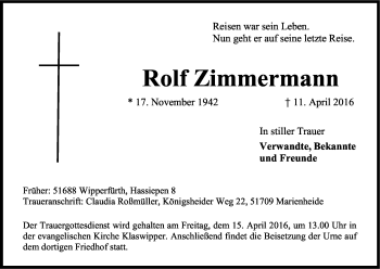 Anzeige von Rolf Zimmermann von Kölner Stadt-Anzeiger / Kölnische Rundschau / Express