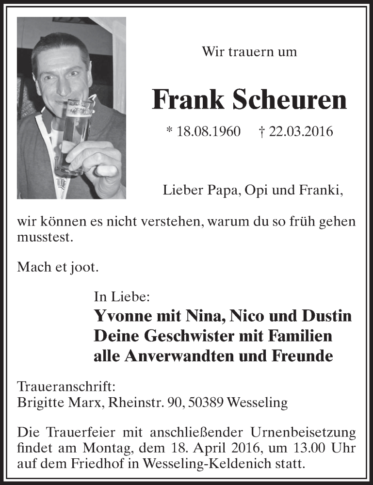  Traueranzeige für Frank Scheuren vom 13.04.2016 aus  Schlossbote/Werbekurier 