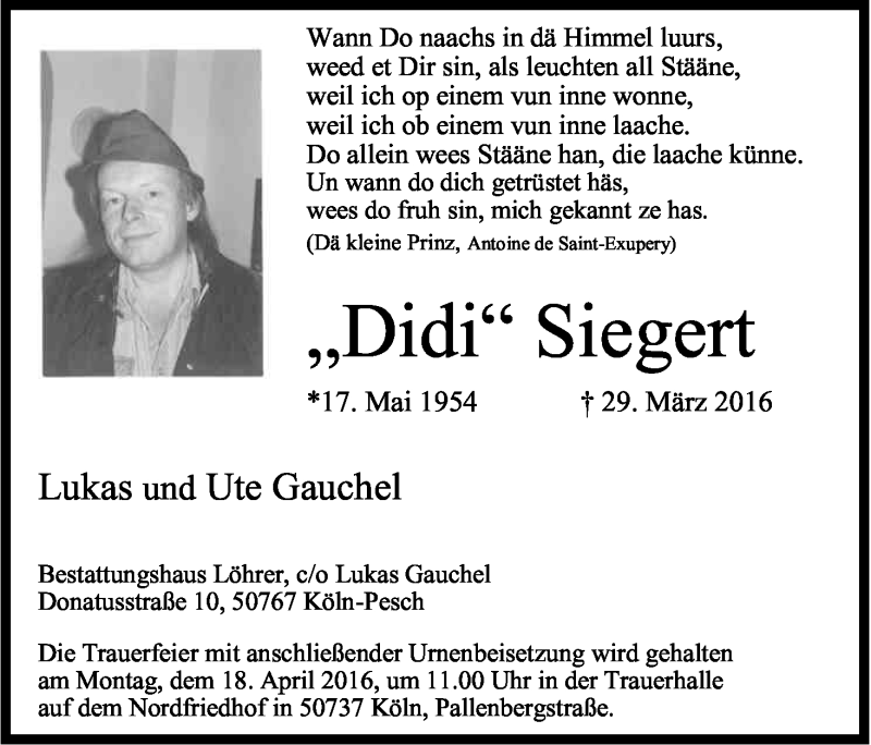  Traueranzeige für Didi Siegert vom 09.04.2016 aus Kölner Stadt-Anzeiger / Kölnische Rundschau / Express
