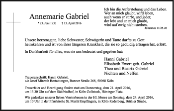 Anzeige von Annemarie Gabriel von Kölner Stadt-Anzeiger / Kölnische Rundschau / Express