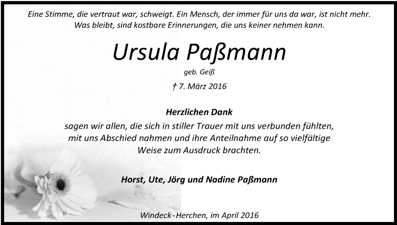  Traueranzeige für Ursula Paßmann vom 09.04.2016 aus Kölner Stadt-Anzeiger / Kölnische Rundschau / Express