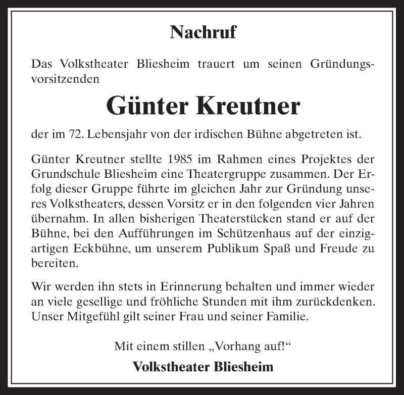  Traueranzeige für Günter Kreutner vom 20.04.2016 aus  Werbepost 