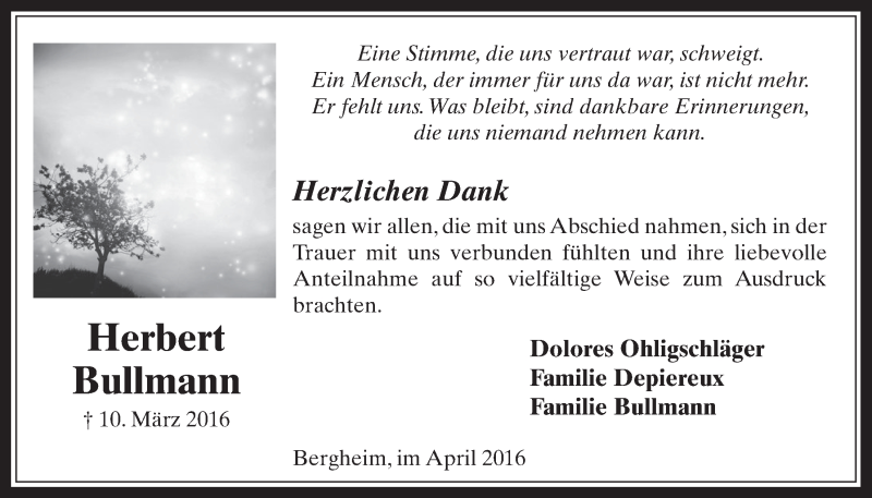  Traueranzeige für Herbert Bullmann vom 13.04.2016 aus  Werbepost 