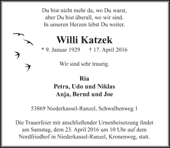 Anzeige von Willi Katzek von  Extra Blatt 