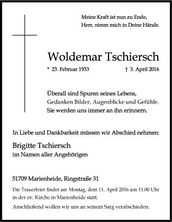 Anzeige von Woldemar Tschiersch von Kölner Stadt-Anzeiger / Kölnische Rundschau / Express