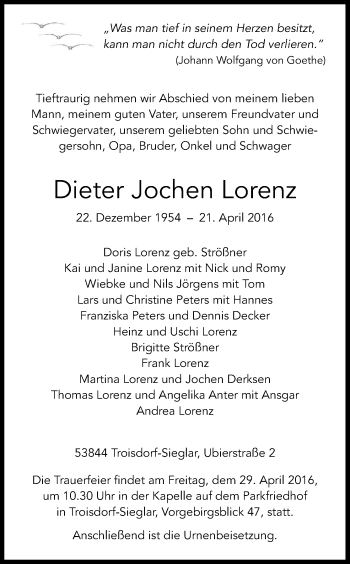 Anzeige von Dieter Jochen Lorenz von Kölner Stadt-Anzeiger / Kölnische Rundschau / Express