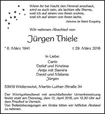 Anzeige von Jürgen Thiele von  Blickpunkt Euskirchen 